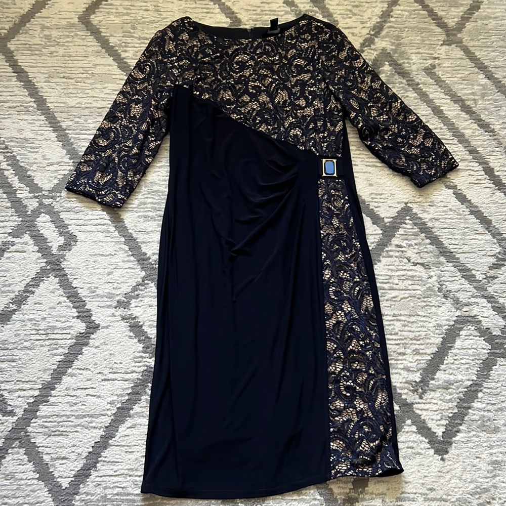 R & M Richards Navy Blue Formal Laced Stretch Side Ruched Dress Size 14